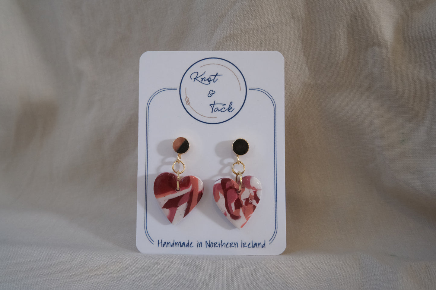 White, Pink & Red Marbled Heart Earrings