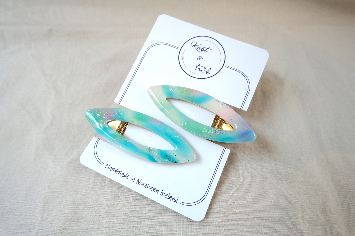 Oval Blue Green Marbled Large Hairclips