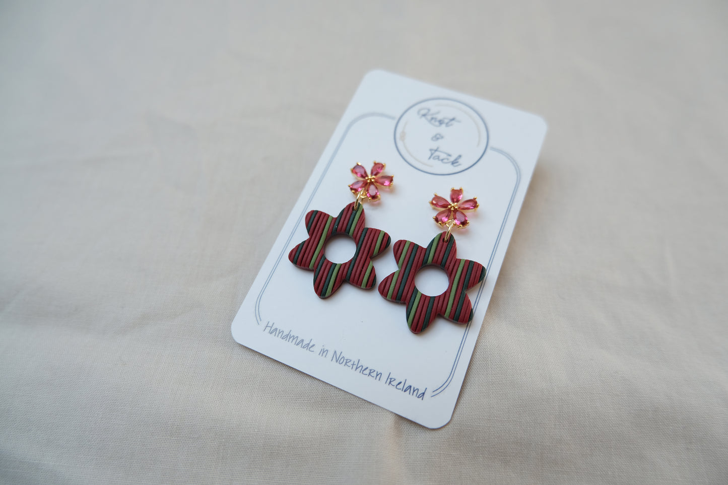 Red & Green Striped Flower Earrings