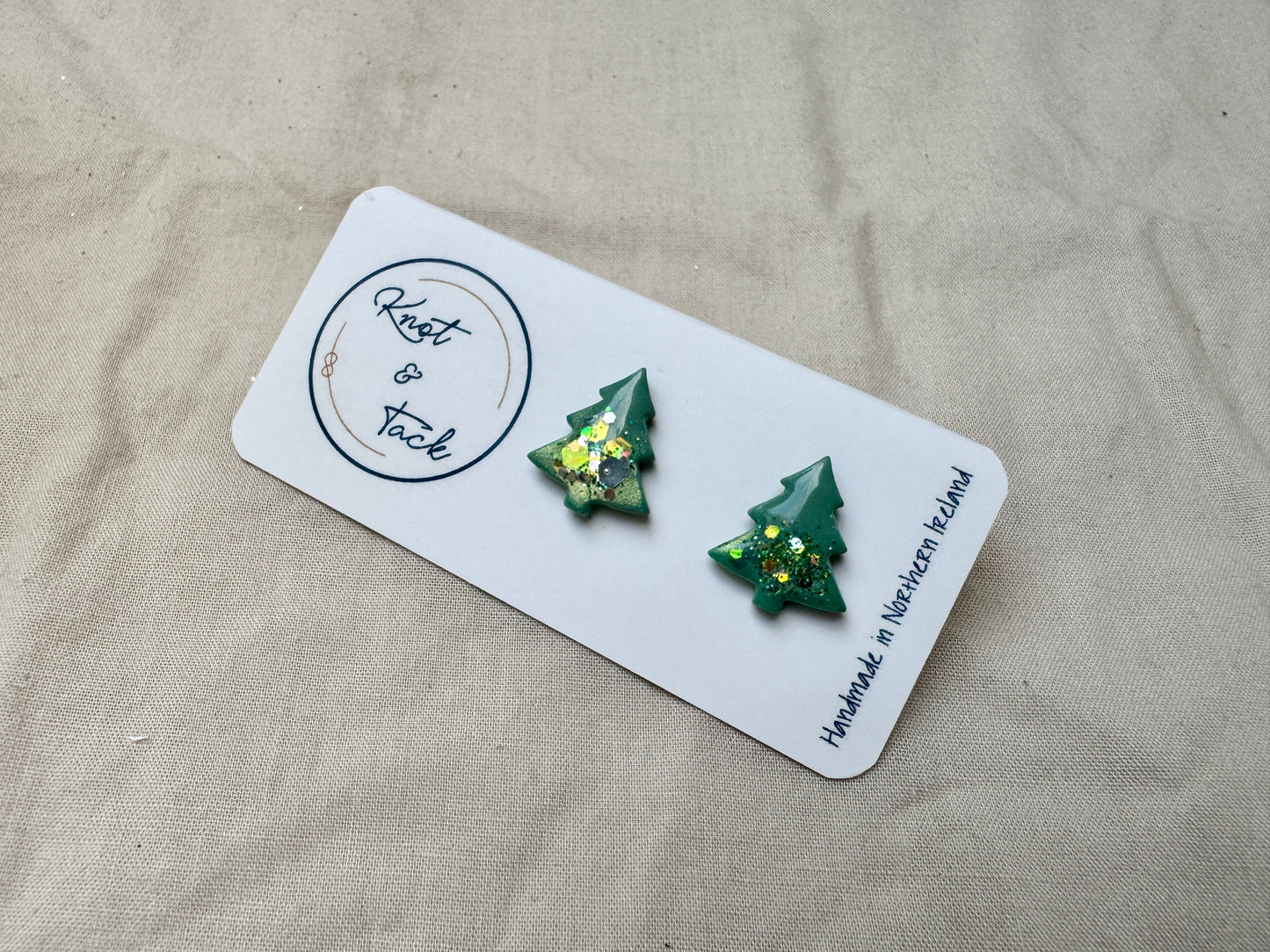 Green & Sparkly Christmas Tree Stud Earrings