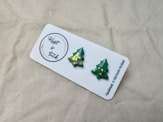 Green & Sparkly Christmas Tree Stud Earrings