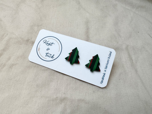 Green Striped Christmas Tree Stud Earrings