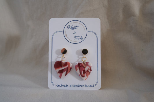 White, Pink & Red Marbled Heart Earrings