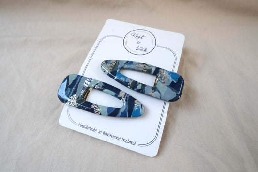 Navy & Mint Marbled Large Hairclips