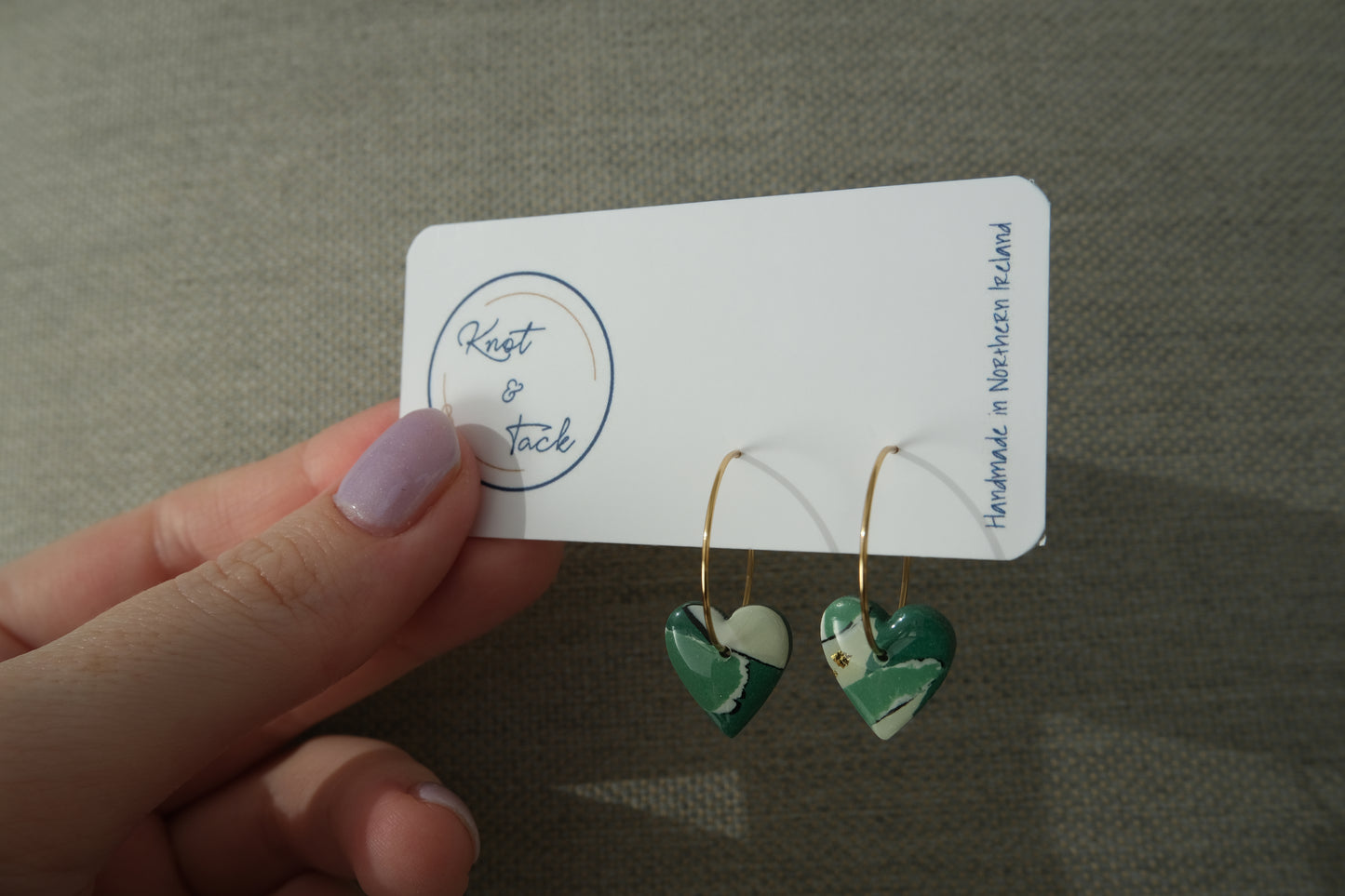Mini Green Marbled Heart Hoop Earrings