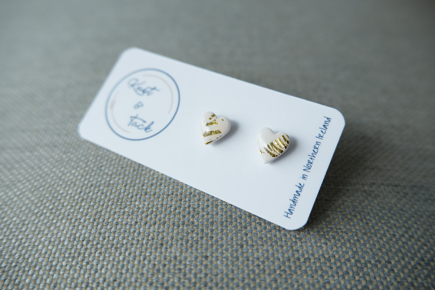 Gold & White Heart Stud Earrings
