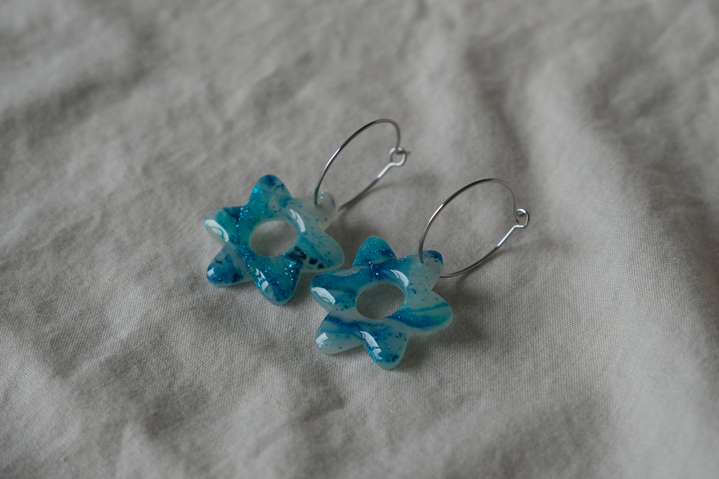 Ocean Marbled Blue Floral Hoop Earrings