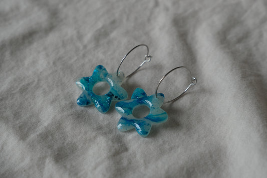 Ocean Marbled Blue Floral Hoop Earrings