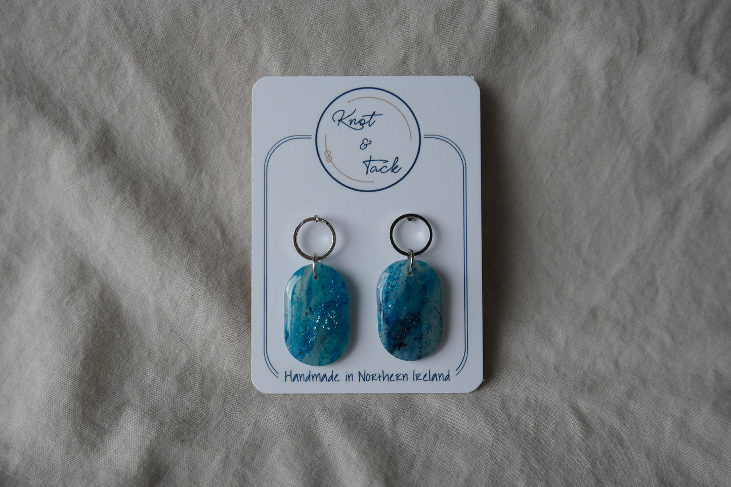 Ocean Blue Marbled Oval Earrings