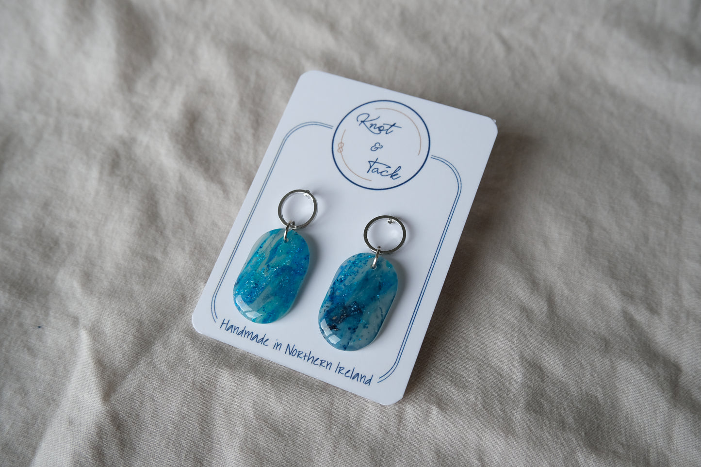 Ocean Blue Marbled Oval Earrings