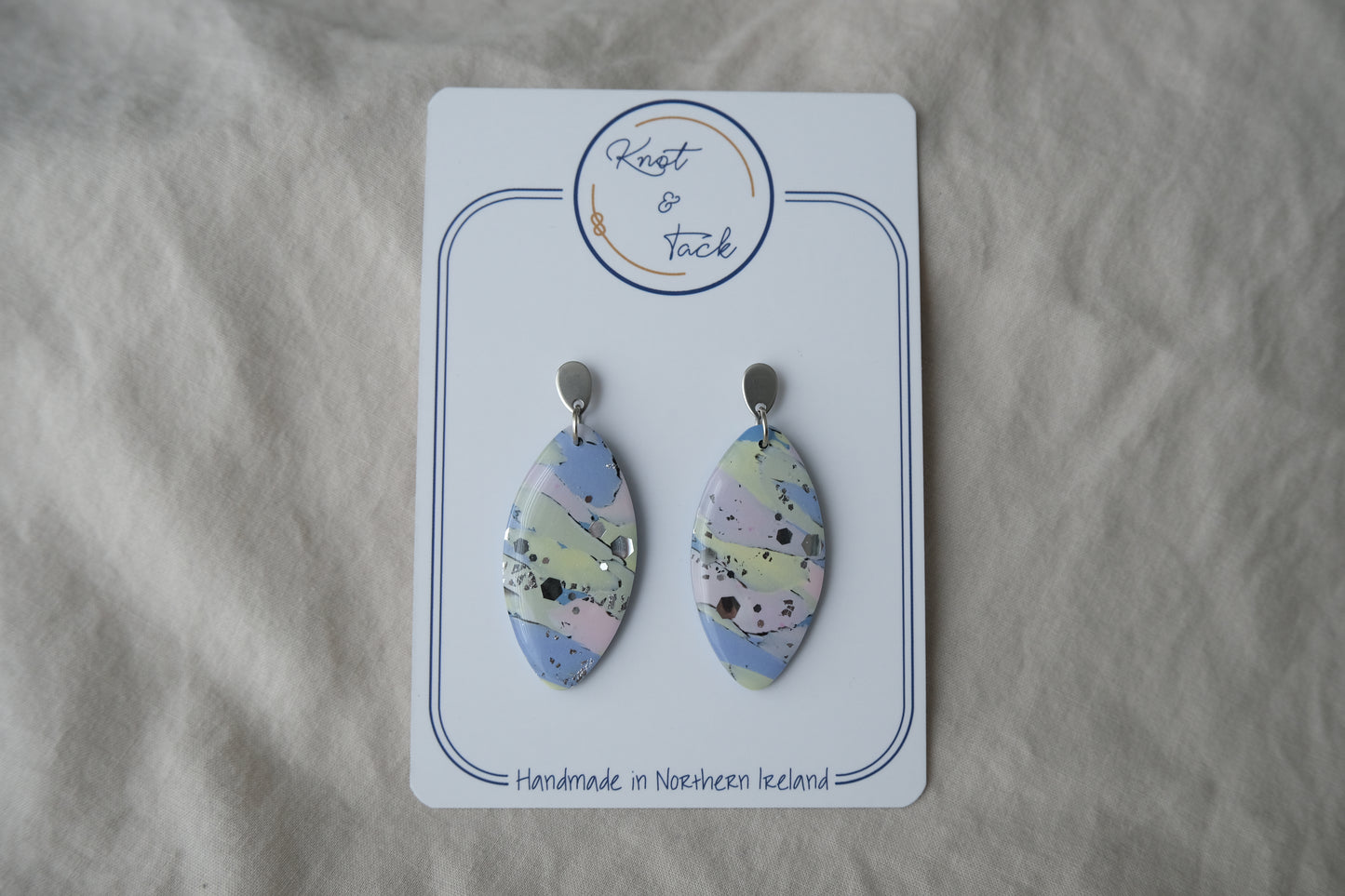 Pastel Pink Purple & Yellow Marbled Oval Earrings (Large)