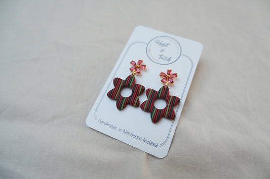 Red & Green Striped Flower Earrings