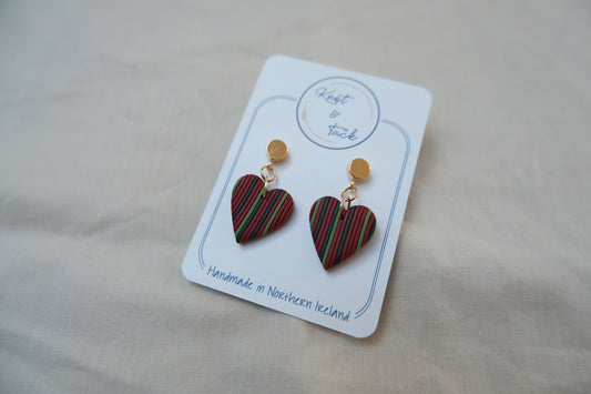 Red & Green Striped Heart Earrings
